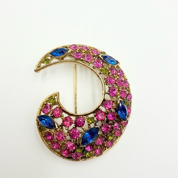 Vintage Multi Color Rainbow Rhinestone Crescent Brooch - Picture 4 of 8